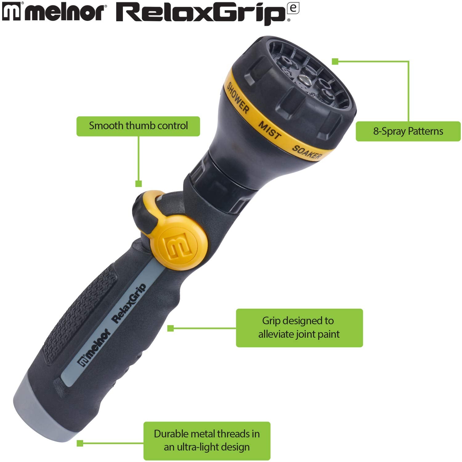 Melnor RelaxGrip thumb-control detail enables smooth spray adjustment.