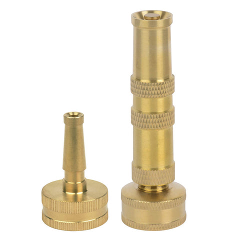 Melnor solid brass nozzle with adjustable spray for delicate watering and spot cleaning.