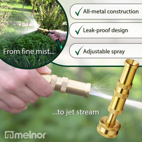 Melnor two-nozzle bundle with solid brass construction for durable outdoor use.
