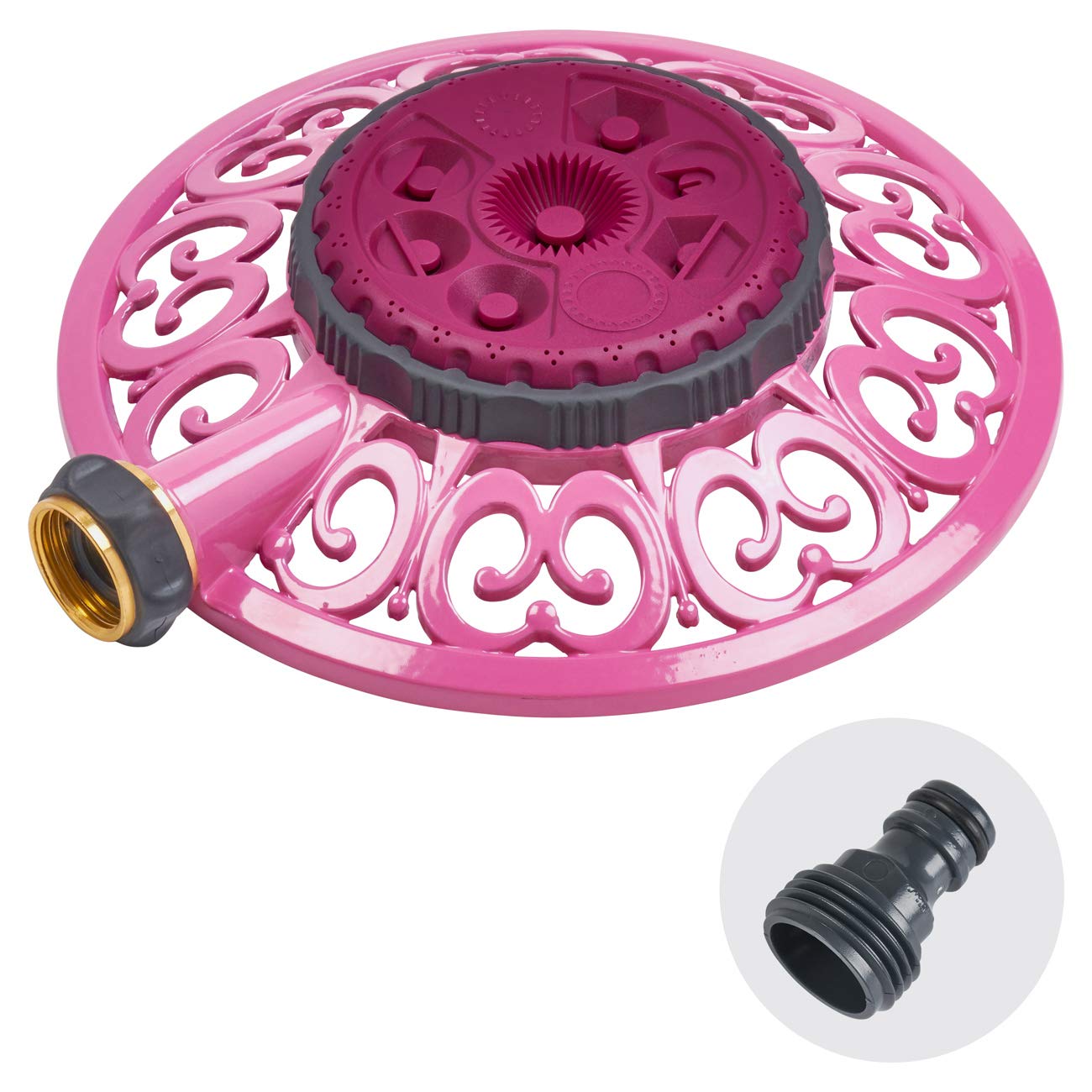 Melnor Sprout 8-pattern sprinkler in Raspberry Red waters irregular beds precisely.