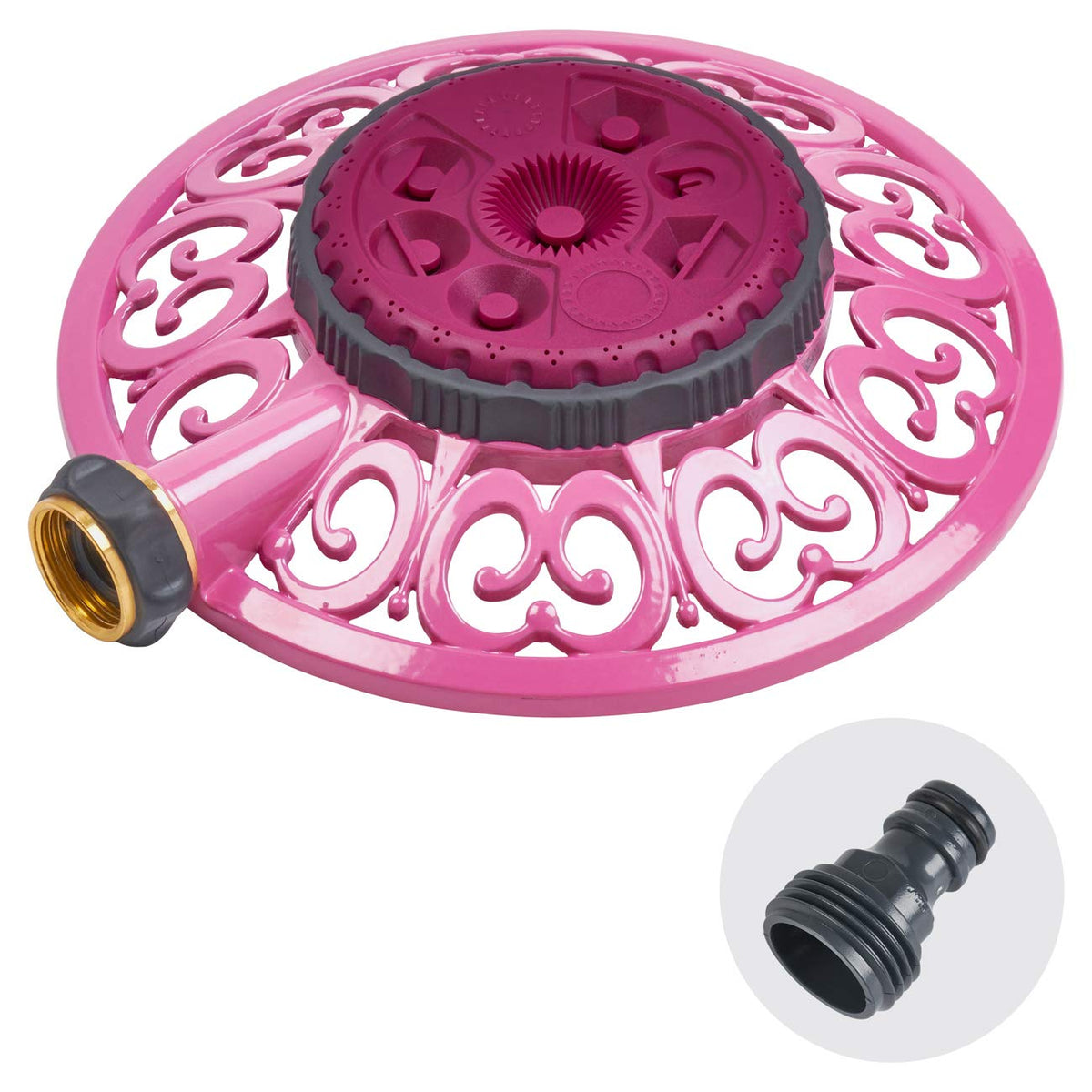 Melnor Sprout 8-pattern sprinkler in Raspberry Red waters irregular beds precisely.