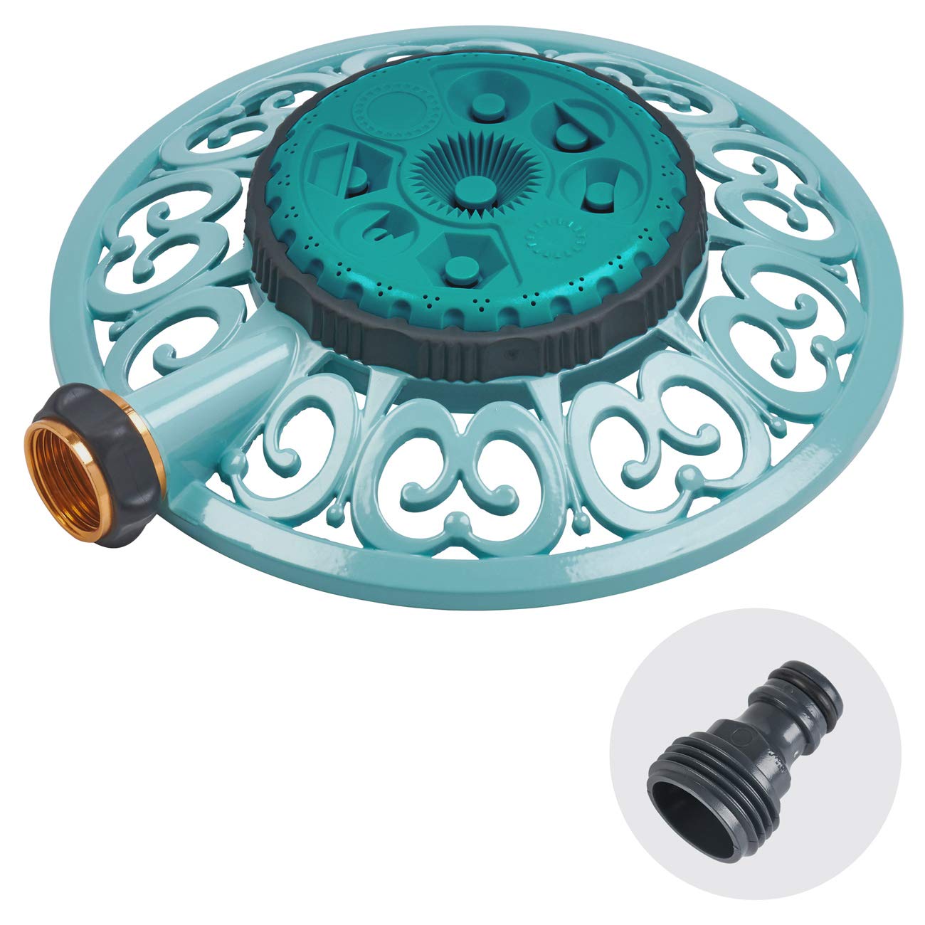 Melnor Sprout 8-pattern sprinkler with a sturdy metal base watering a garden bed.