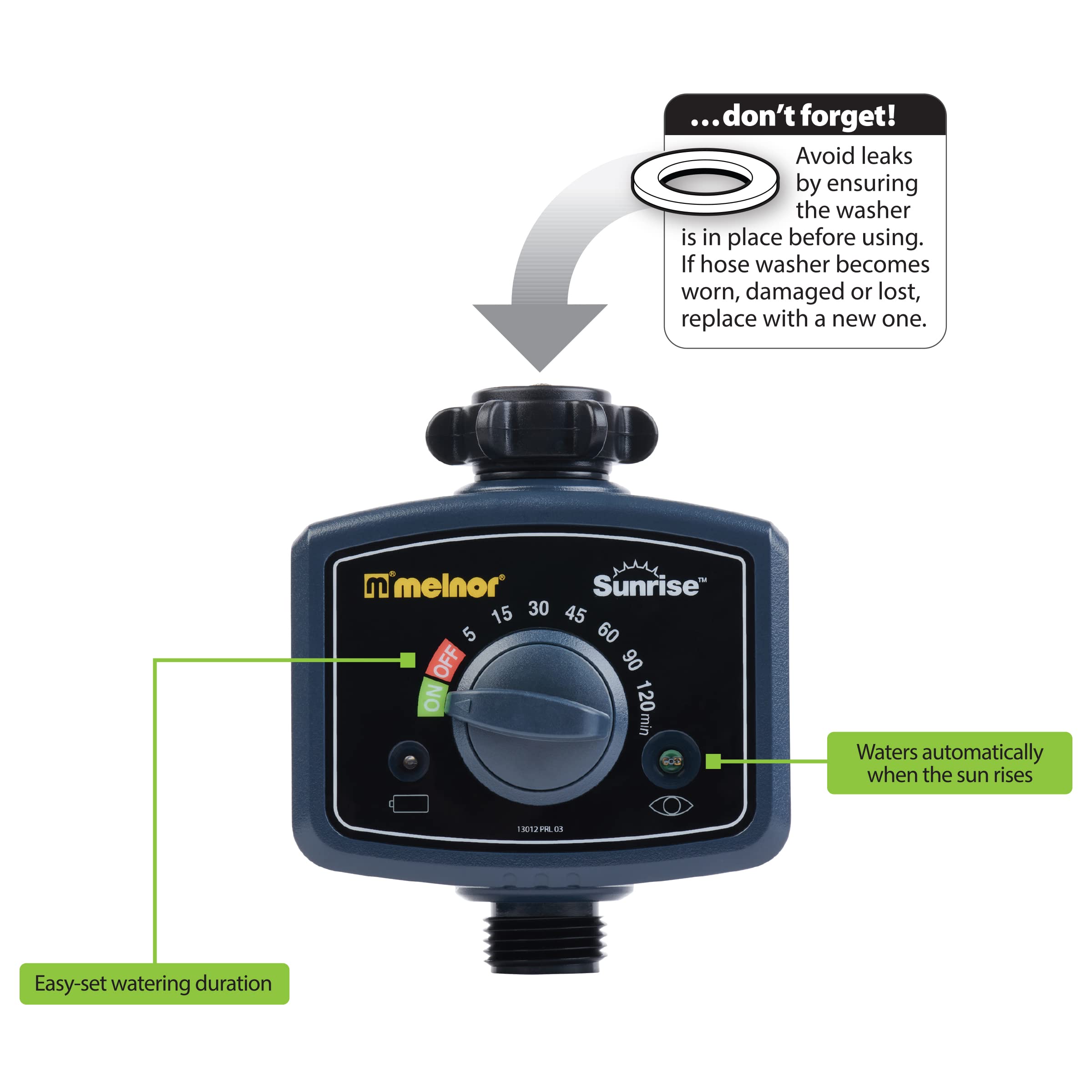 Melnor Sunrise timer battery compartment shown for simple outdoor installation.