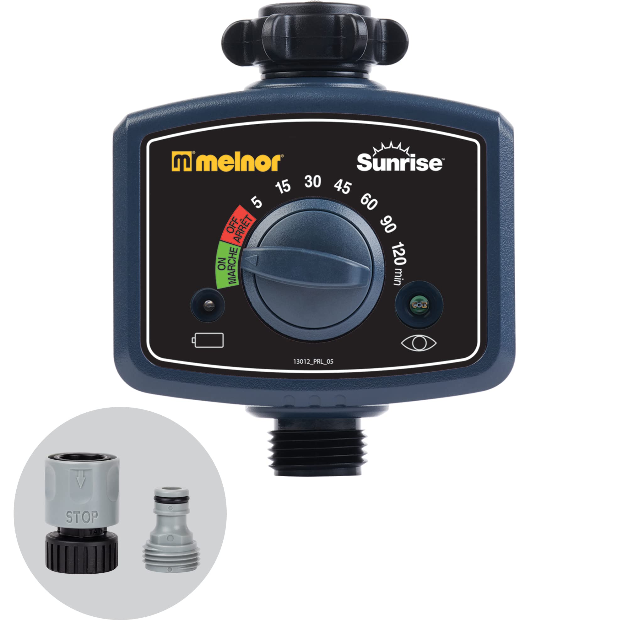 Melnor Sunrise daily timer front view for easy morning irrigation control.
