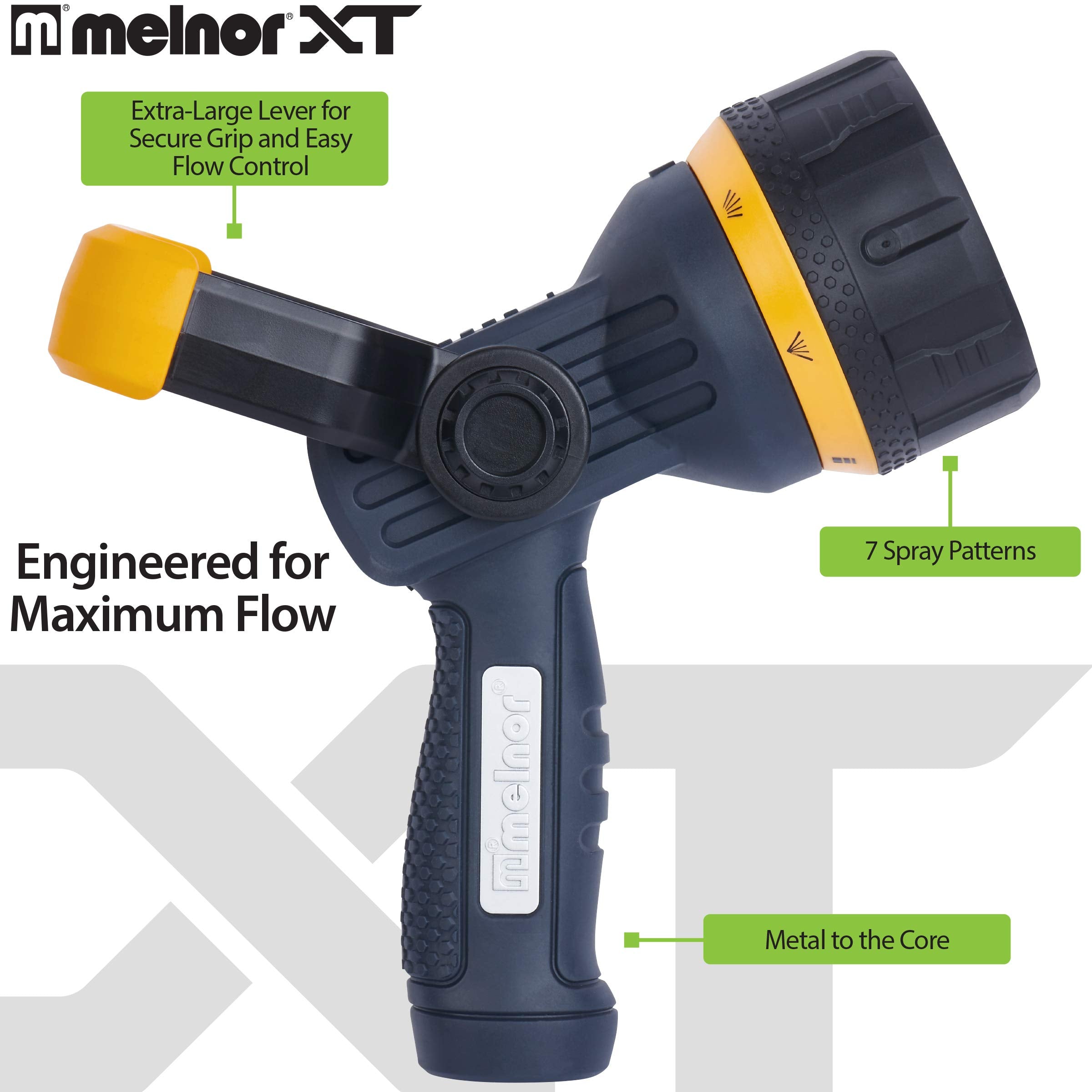 Melnor Torrent Fireman's Nozzle rubber coating provides grip in wet conditions.