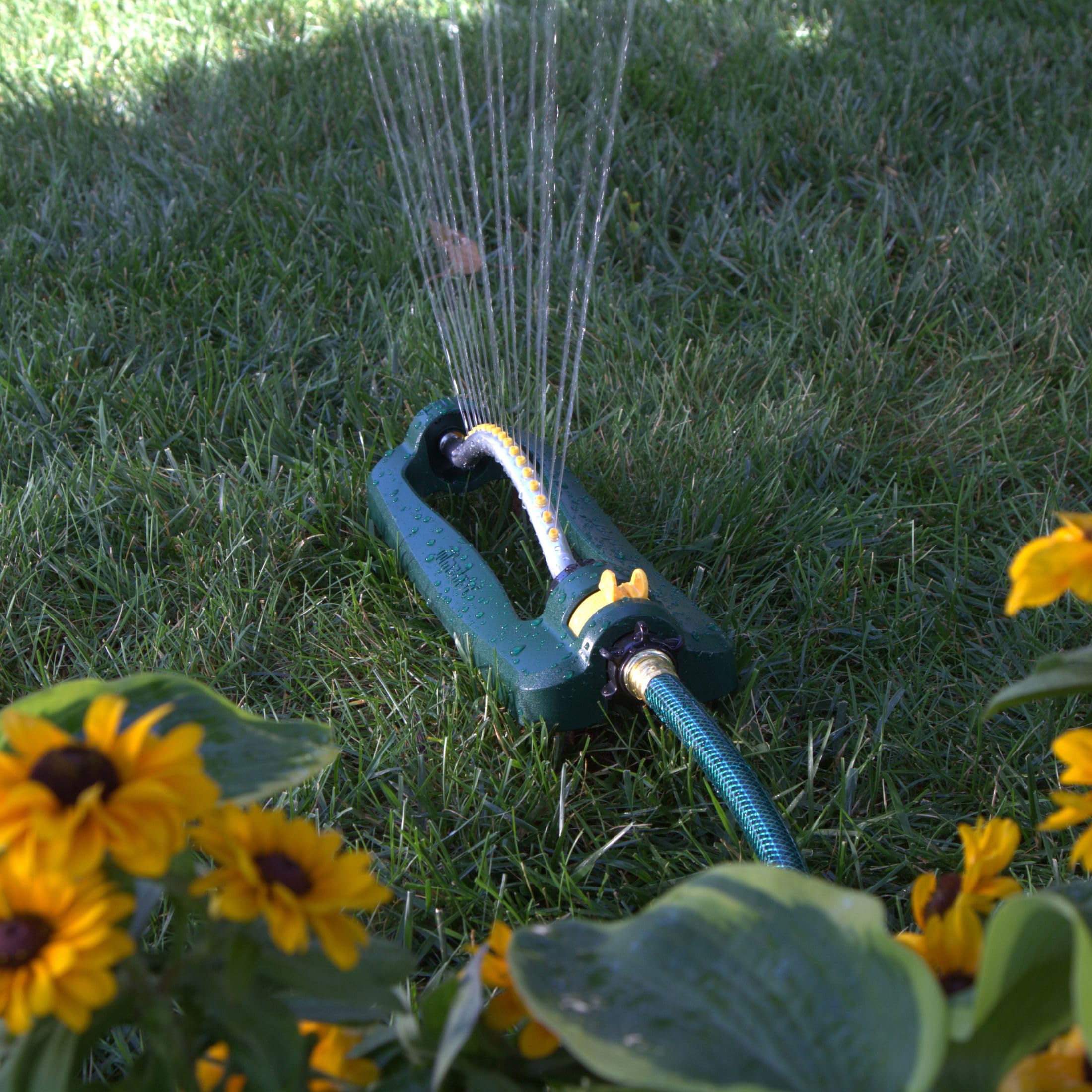 Sliding range adjusters enable targeted lawn watering with minimal overspray.