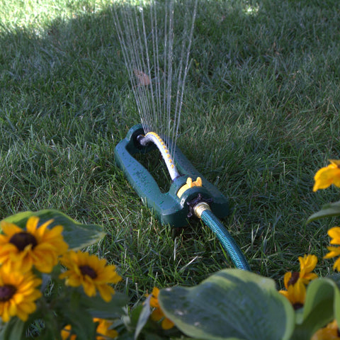 Sliding range adjusters enable targeted lawn watering with minimal overspray.