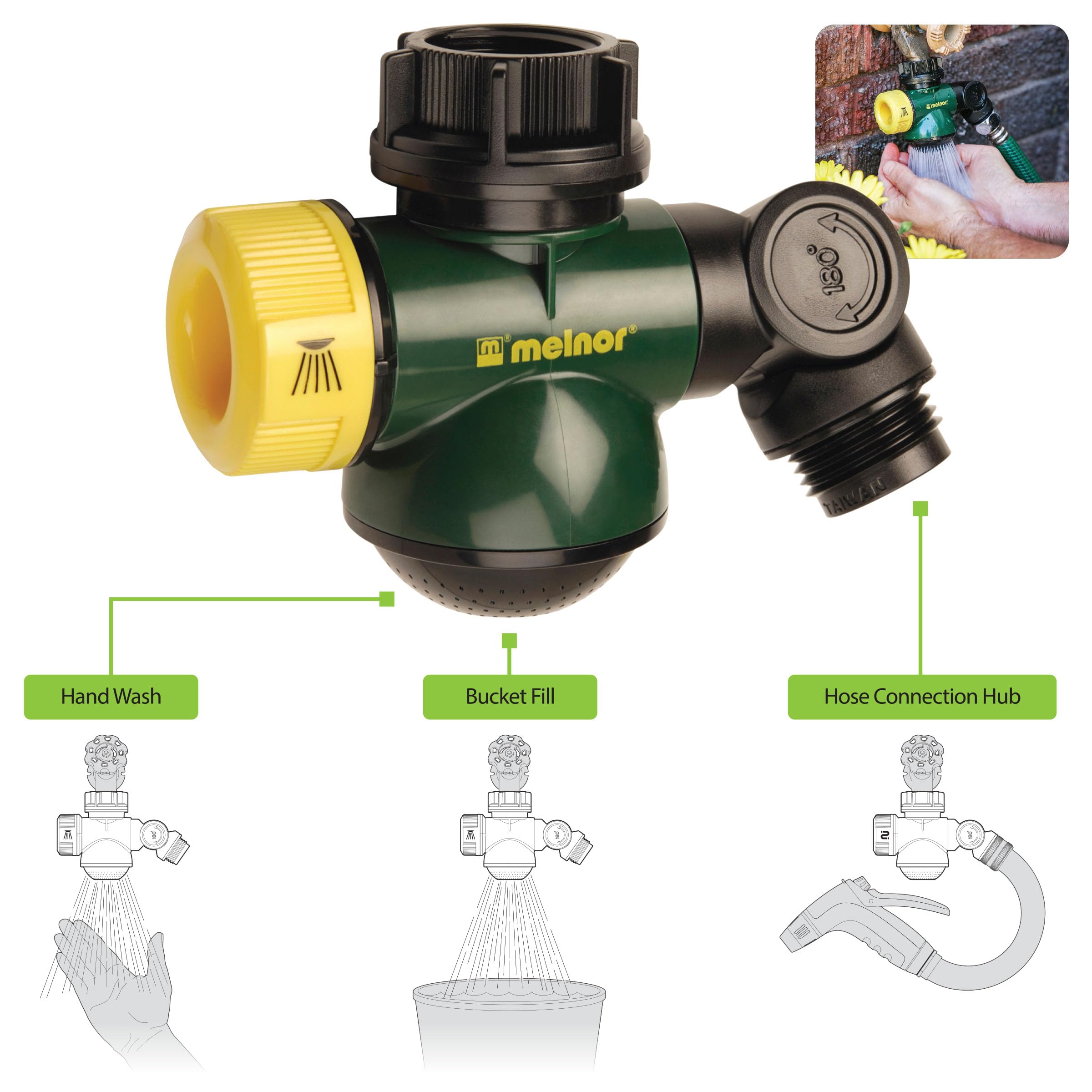 Melnor Wash & Fill bucket filling with attached hose while you work.