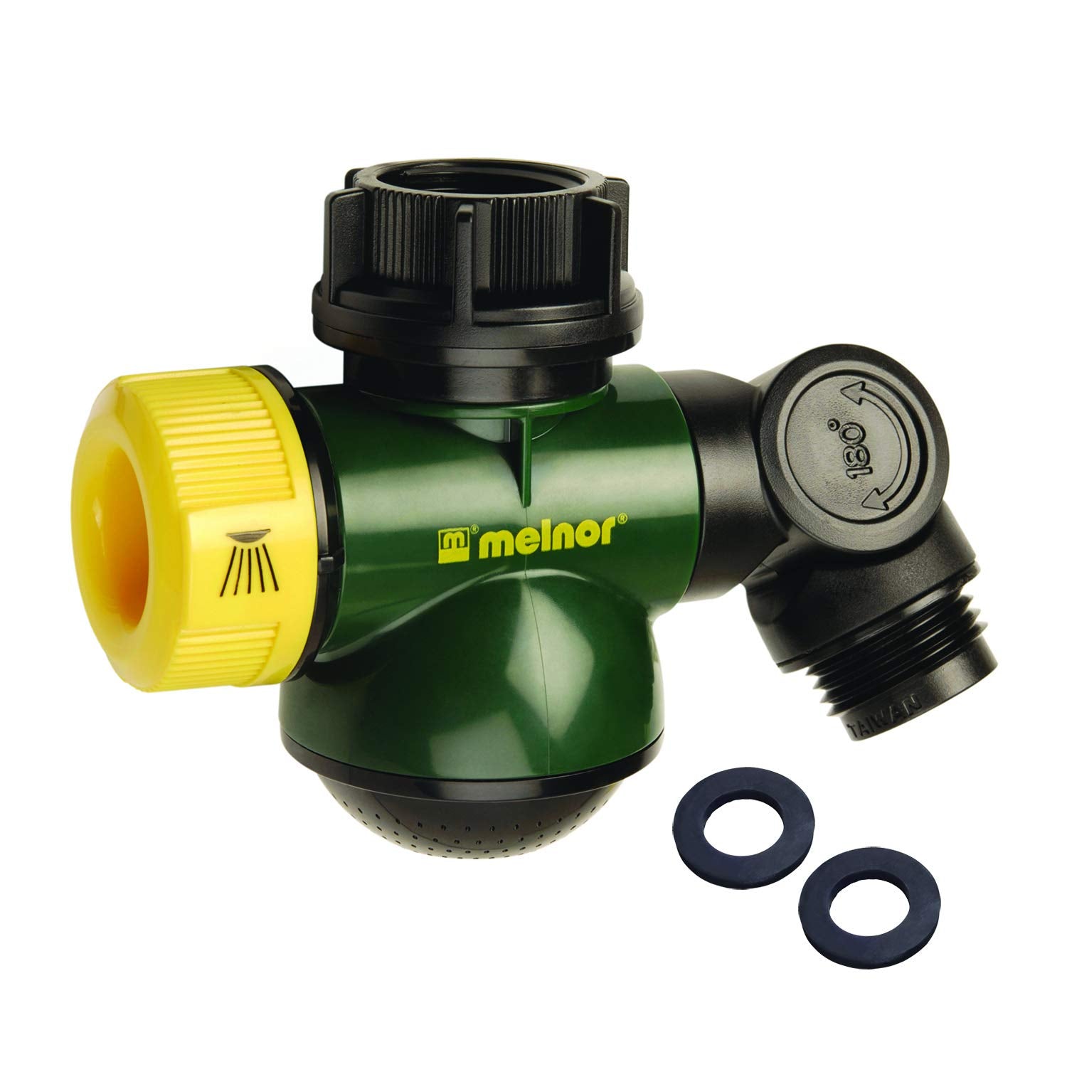 Melnor Wash & Fill hub rotation demonstrates kink-free connection for seamless watering.