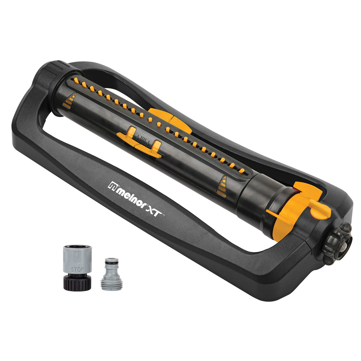 Melnor XT Turbo Oscillating Sprinkler delivering even coverage for 4,500 sq ft lawn area.