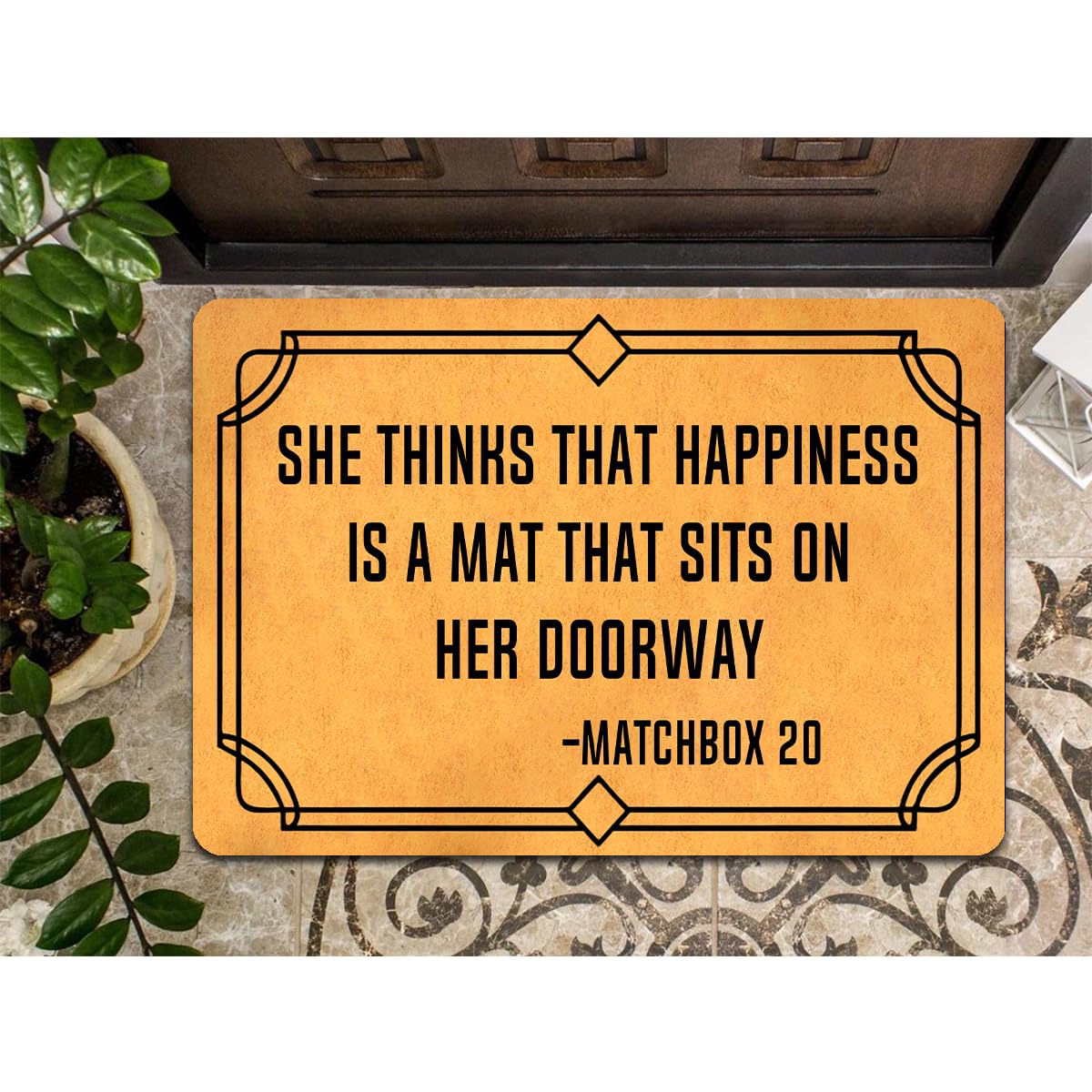 MELODADDY music-inspired front porch mat adds personality at the entry.