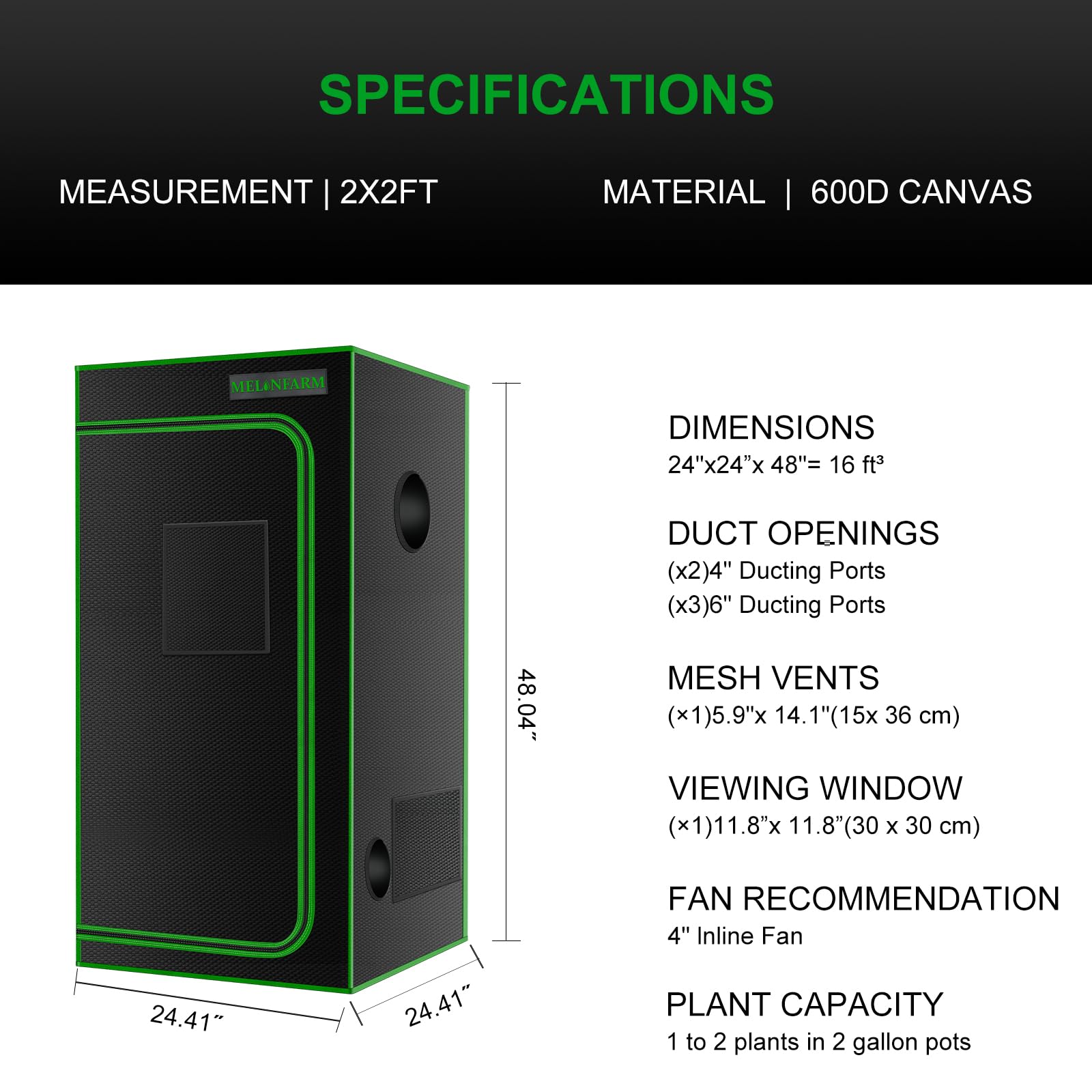 MelonFarm 2x2 grow tent canvas material offers rugged durability.