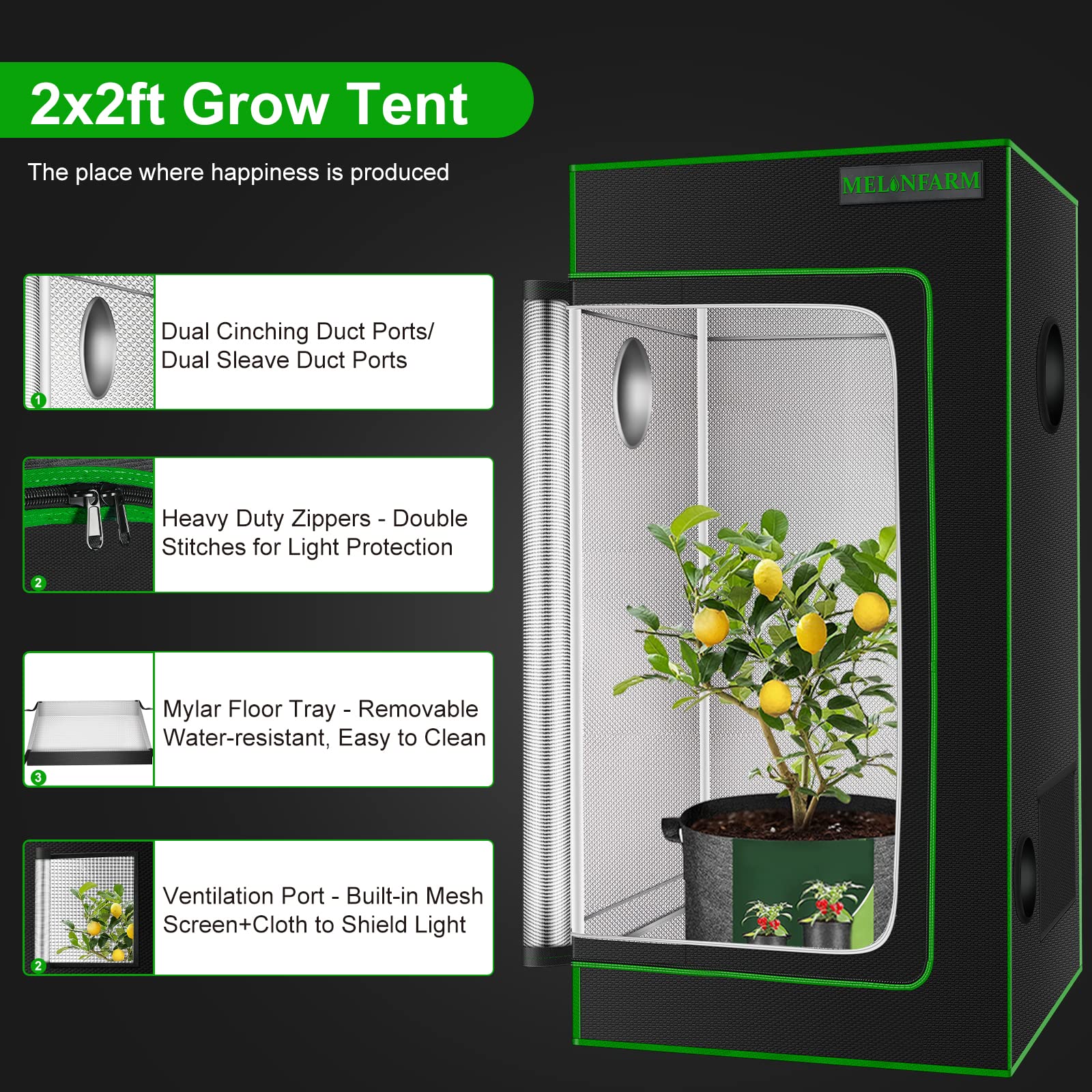 MELONFARM 2x2 grow tent interior designed for efficient light management