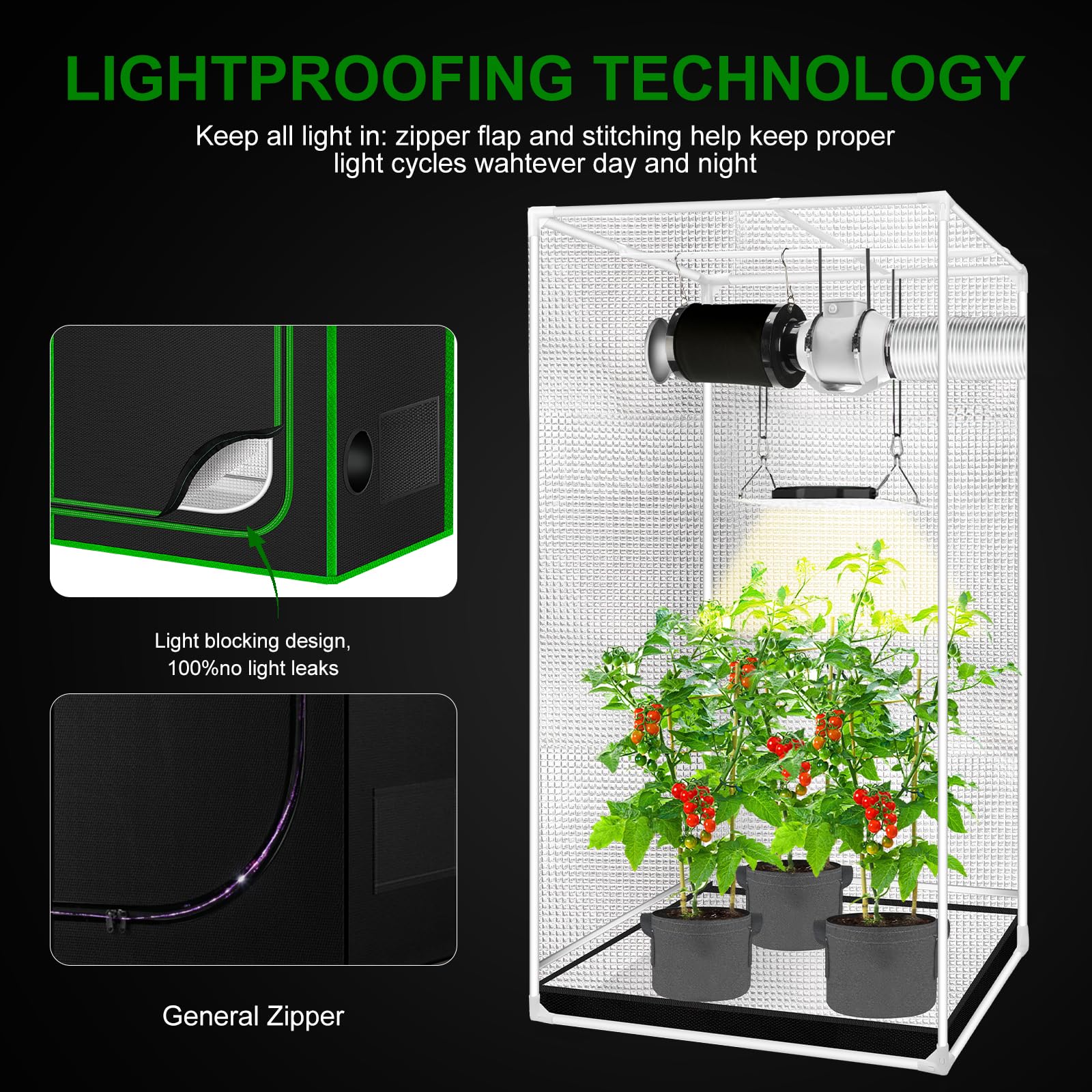 MelonFarm 2x2 grow tent observation window lets you check plants without disturbance.
