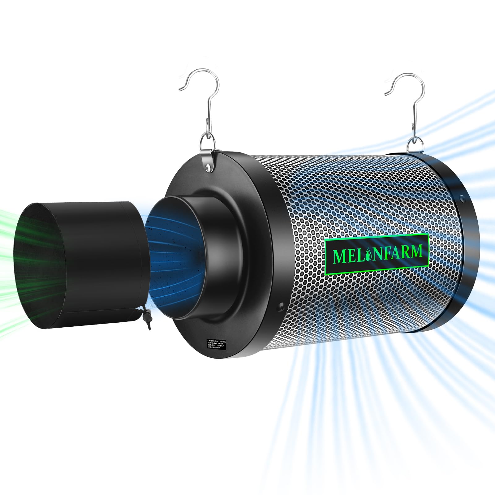Melonfarm 4in air carbon filter front view for compact odor control in grow tents.