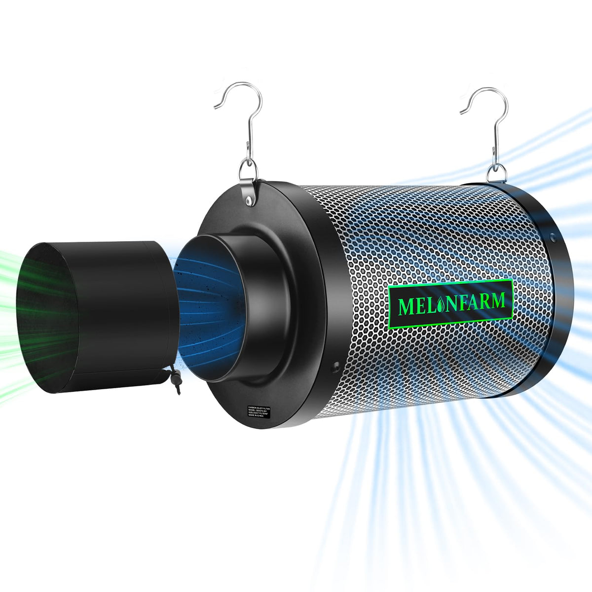 Melonfarm 4in air carbon filter front view for compact odor control in grow tents.