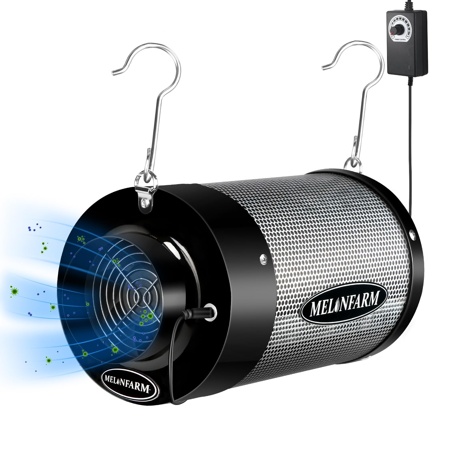 Melonfarm 4-inch air carbon filter front view highlighting charcoal bed and odor control