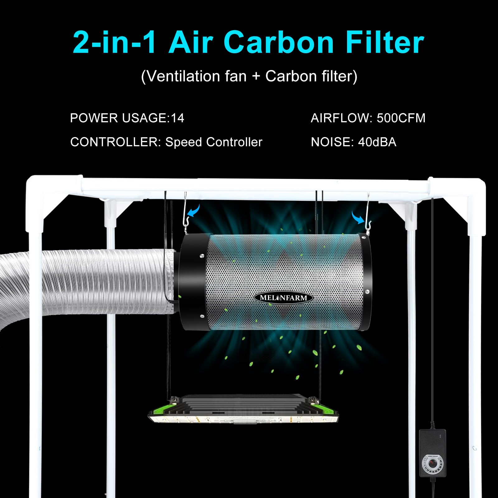 Melonfarm 4-inch air carbon filter side view showing compact fit for grow tents