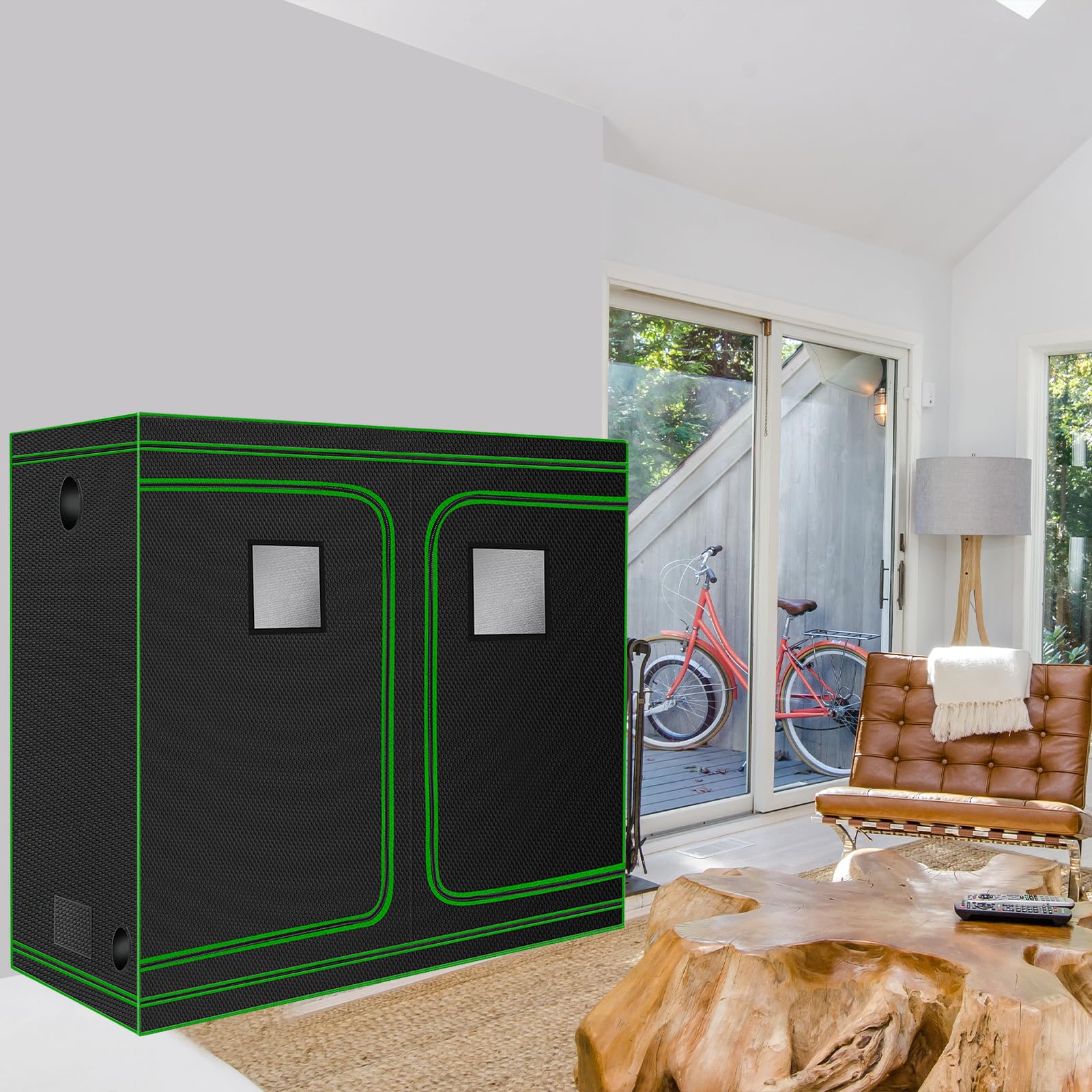 Melonfarm 4x8 grow tent viewing window aids continuous plant observation.