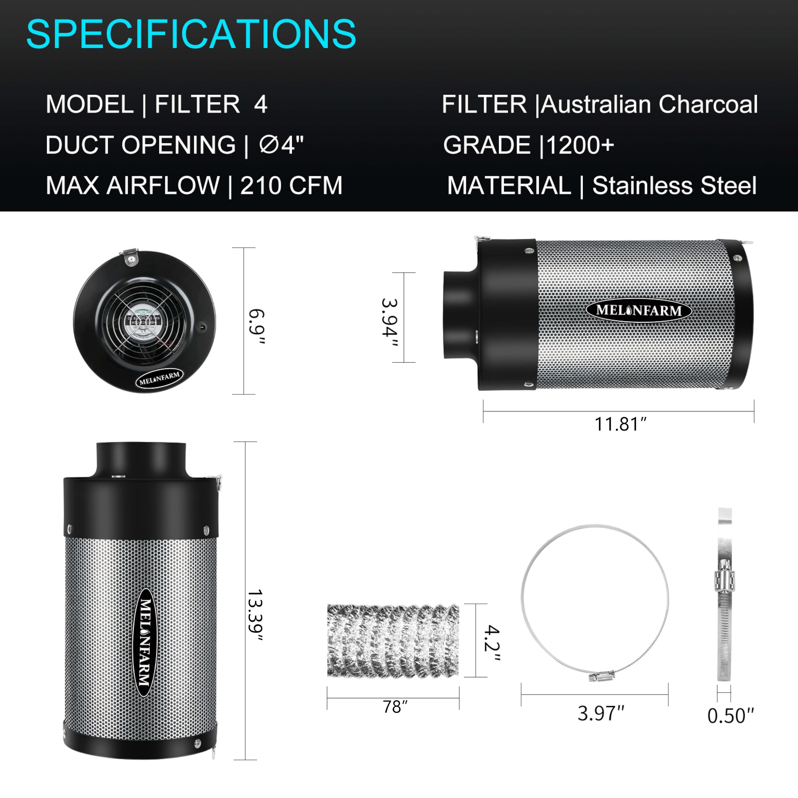 MelonFarm four-inch ducting setup for efficient intake or exhaust in tents.