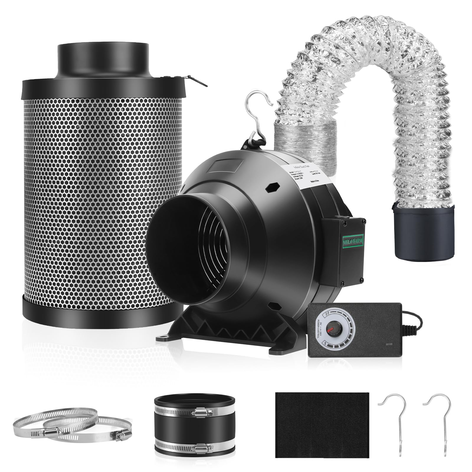 MelonFarm air filtration kit front view for efficient odor control in grow tents.