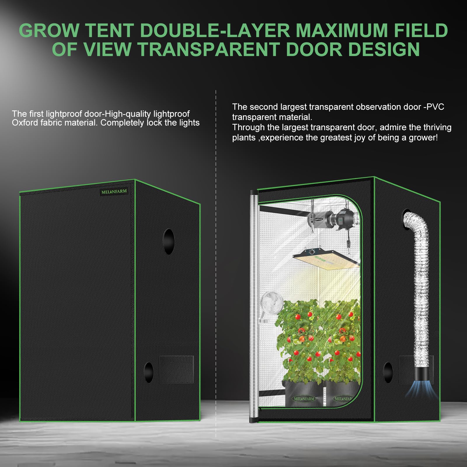 MELONFARM grow tent double viewing door inside view for easy plant checks.
