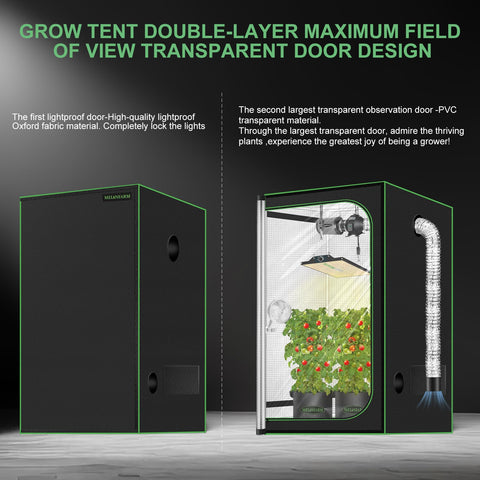 MELONFARM grow tent double viewing door inside view for easy plant checks.
