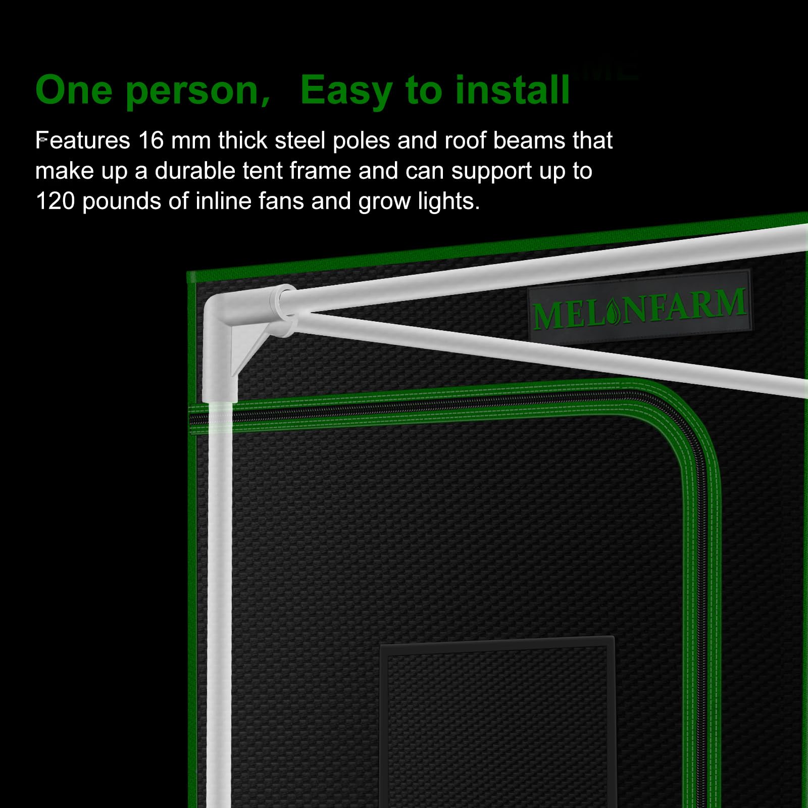 MelonFarm Grow Tent waterproof liner protects interior and simplifies cleanup.