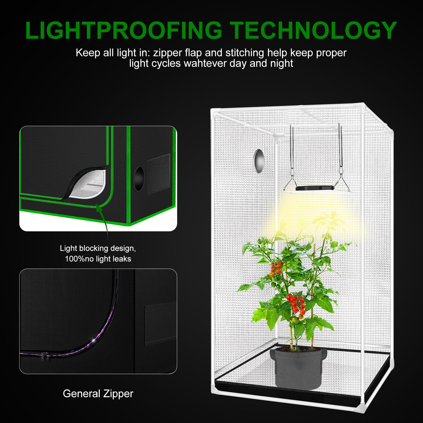 MELONFARM tent shows ventilation window for airflow and temperature control.