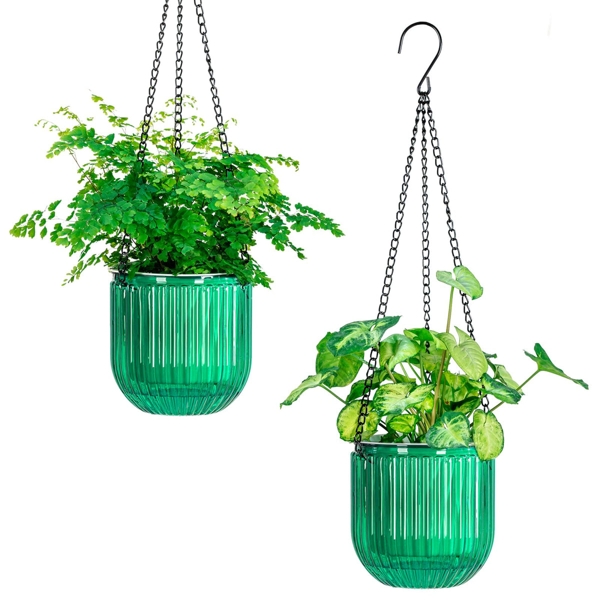Melphoe emerald self-watering hanging planter with lush greenery indoors