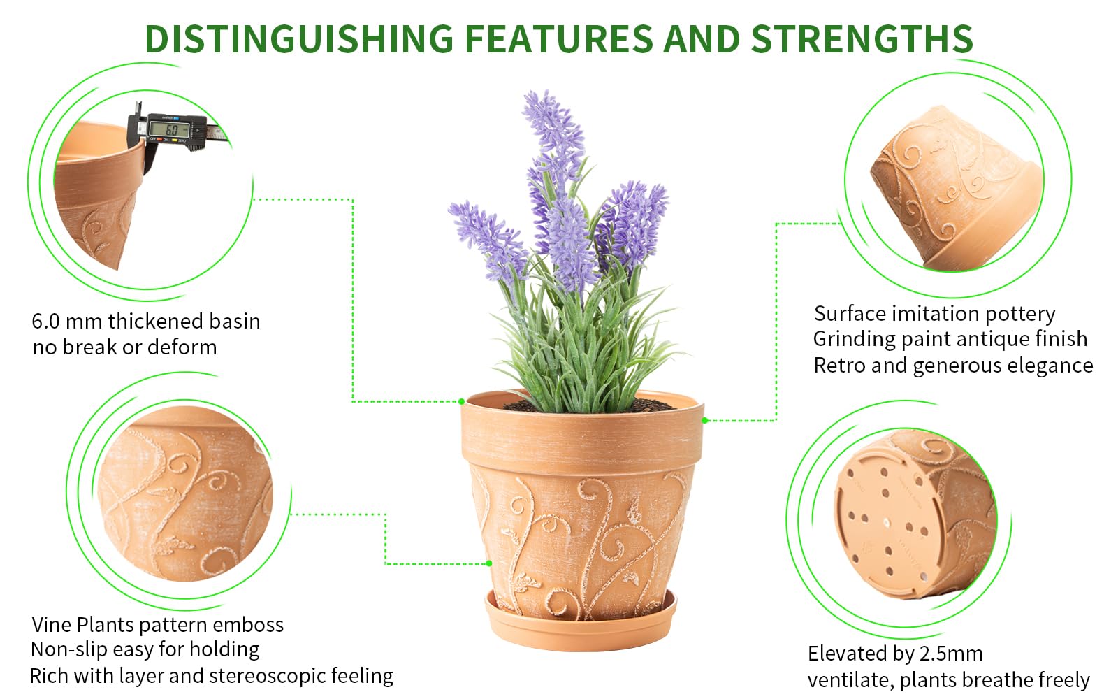 Drainage holes with saucer keep soil dry and surfaces clean.