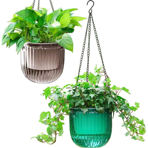 Melphoe self-watering hanging planter emerald, clear moisture management at a glance.