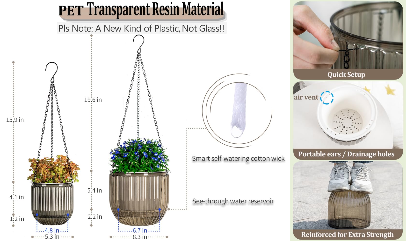 Melphoe self-watering hanging planter in gray suitable for both indoor and outdoor use.