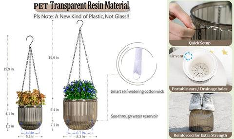 Melphoe self-watering hanging planter in gray suitable for both indoor and outdoor use.