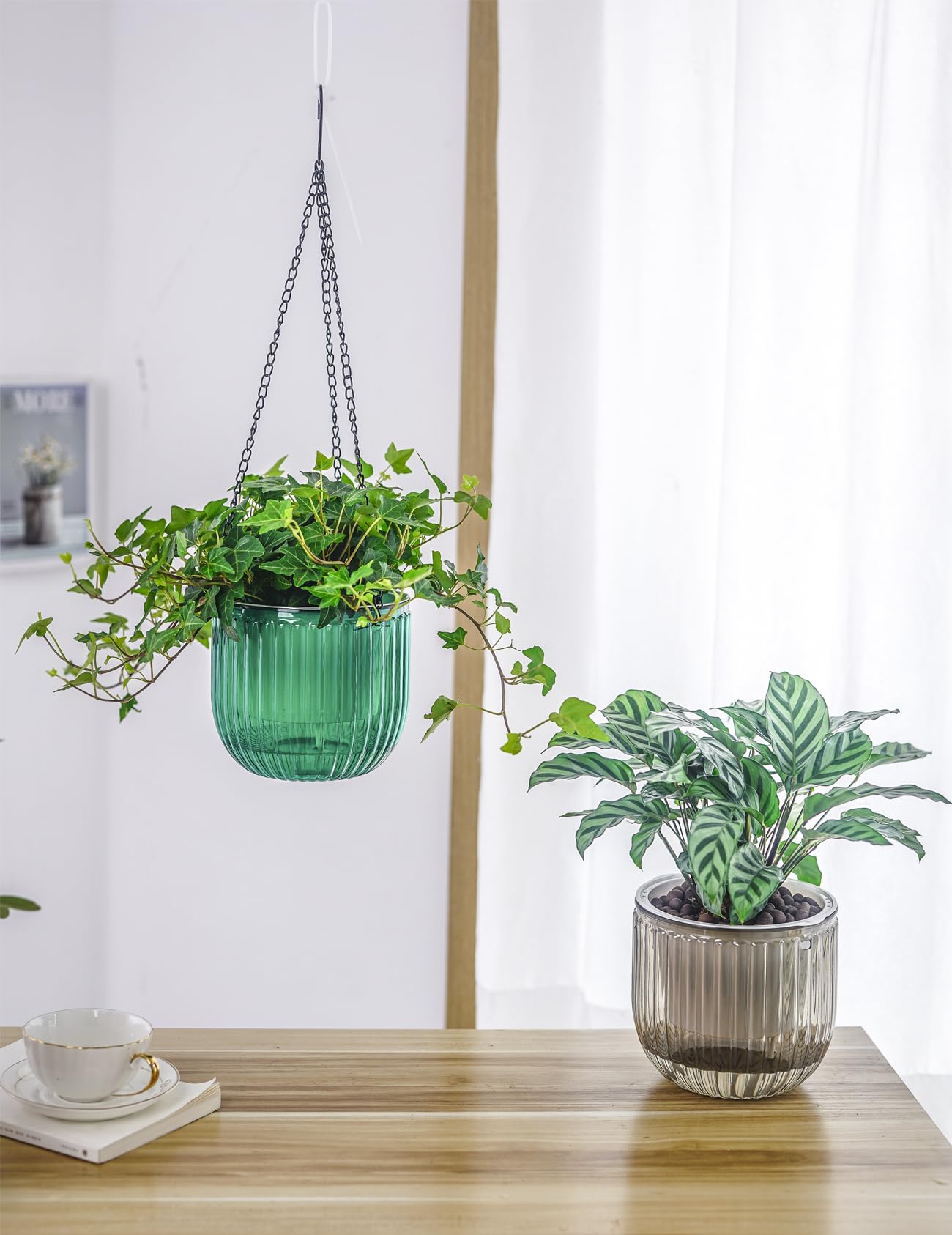 Melphoe self-watering hanging planter gray, durable outdoor display option.
