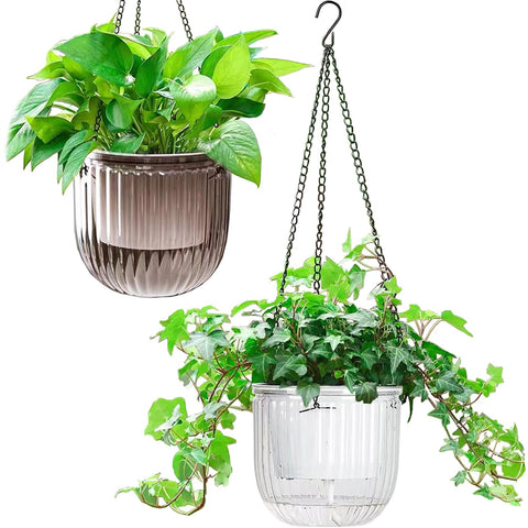Melphoe self-watering hanging planter with visible water level for easy indoor care.