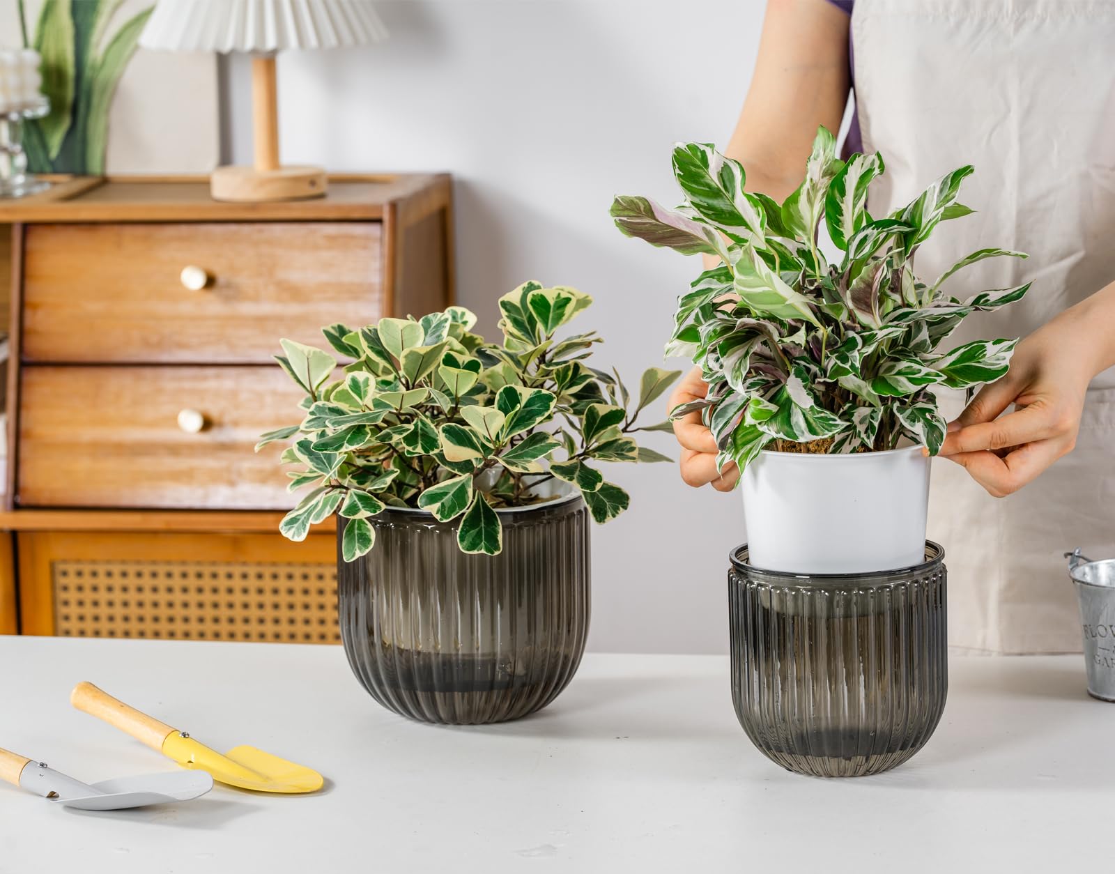 Melphoe self-watering pot inner pot with wick system demonstrates moisture transfer.