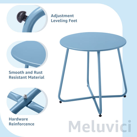 Meluvici blue side table with adjustable feet stabilizing on uneven ground.