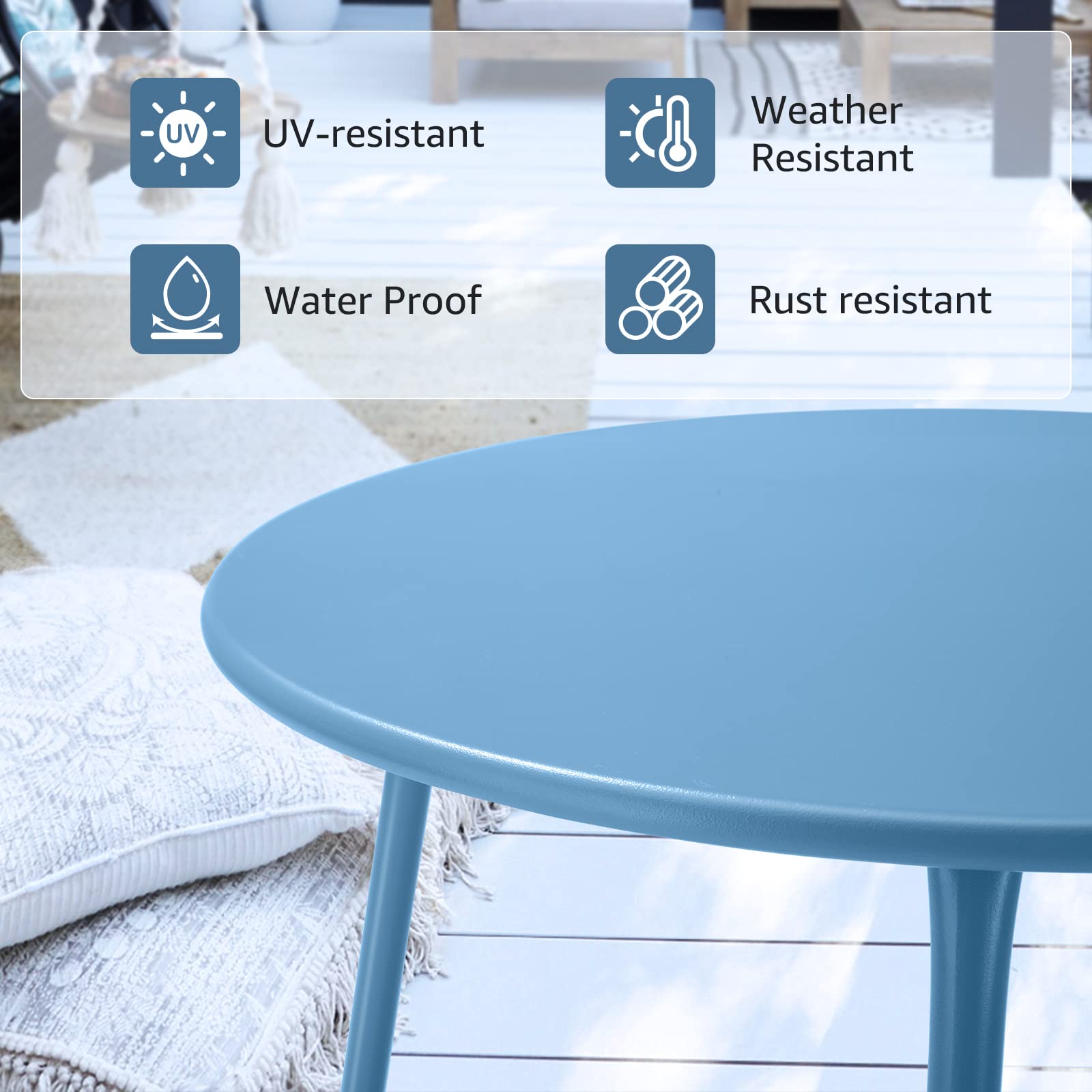 Meluvici blue end table for indoor and outdoor use with drinks.