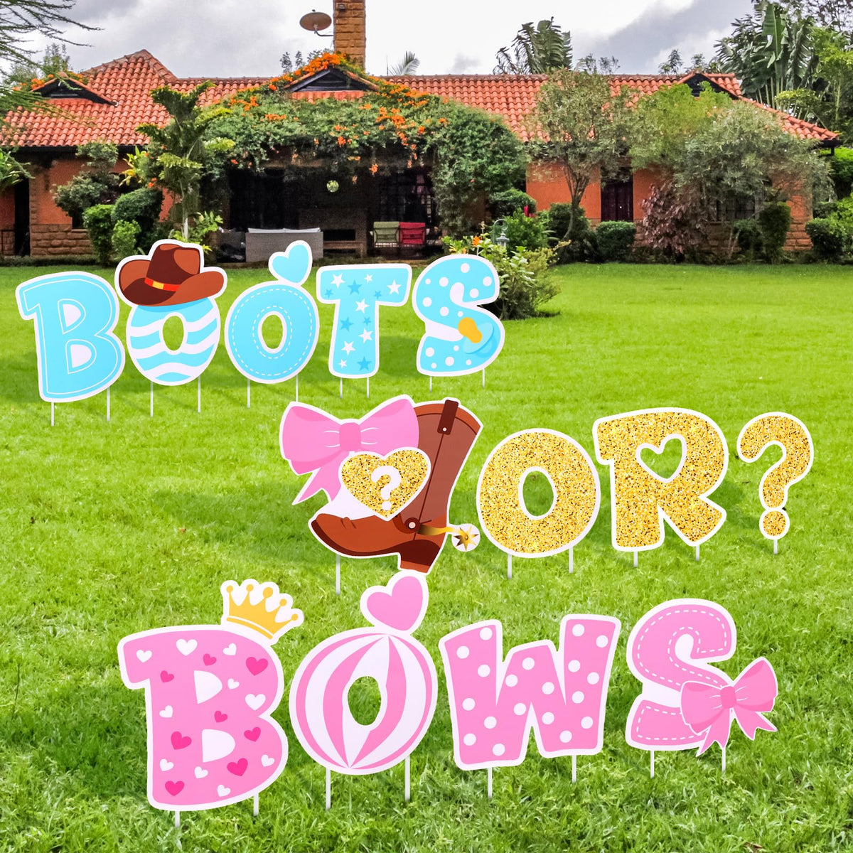 Memorywuu boots or bows yard sign with pink cowgirl illustration for outdoor gender reveal