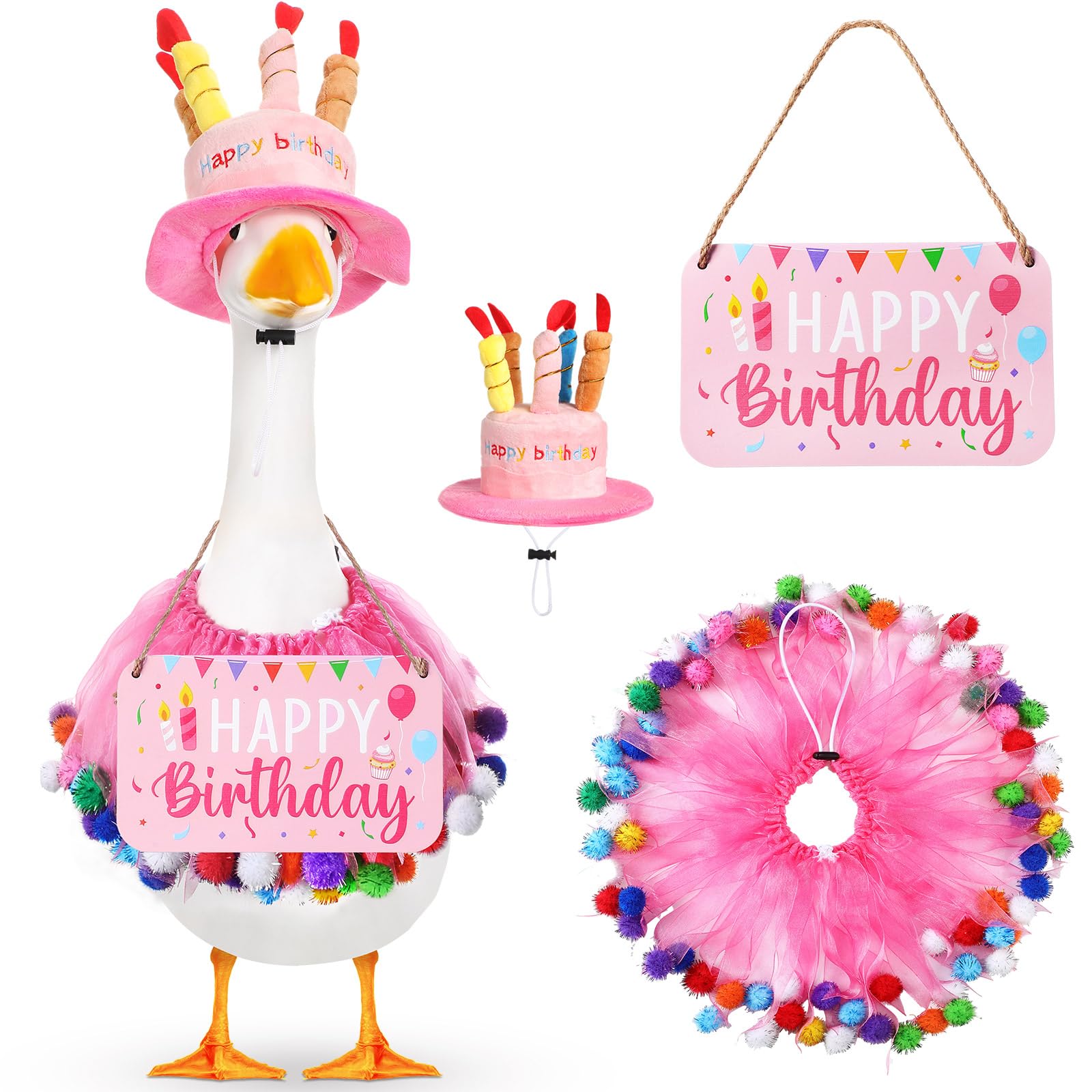 Memorywuu Happy Birthday cupcake hat on a goose for festive curb appeal