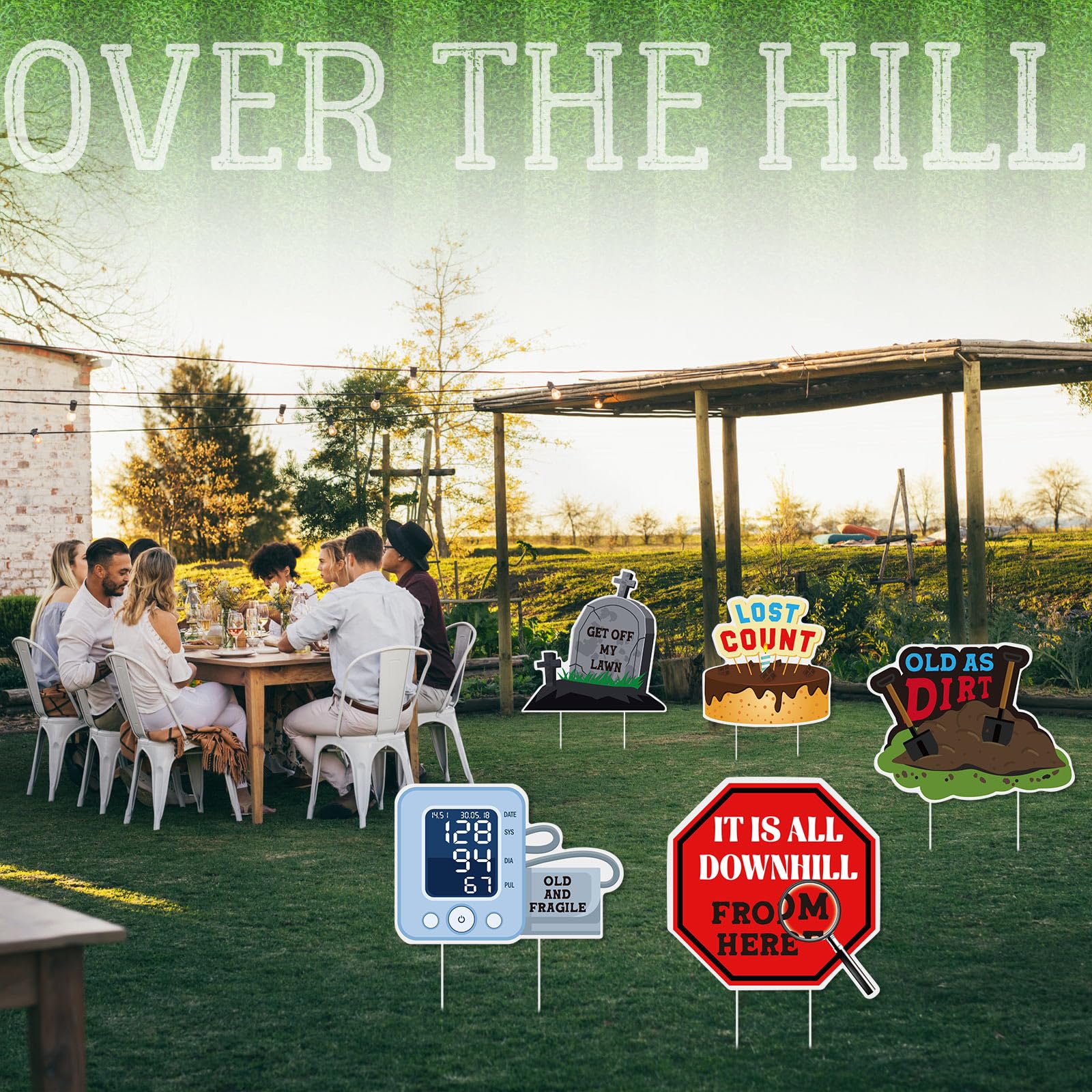 Memorywuu over-the-hill yard sign blood-pressure-shape signals playful milestones outdoors.