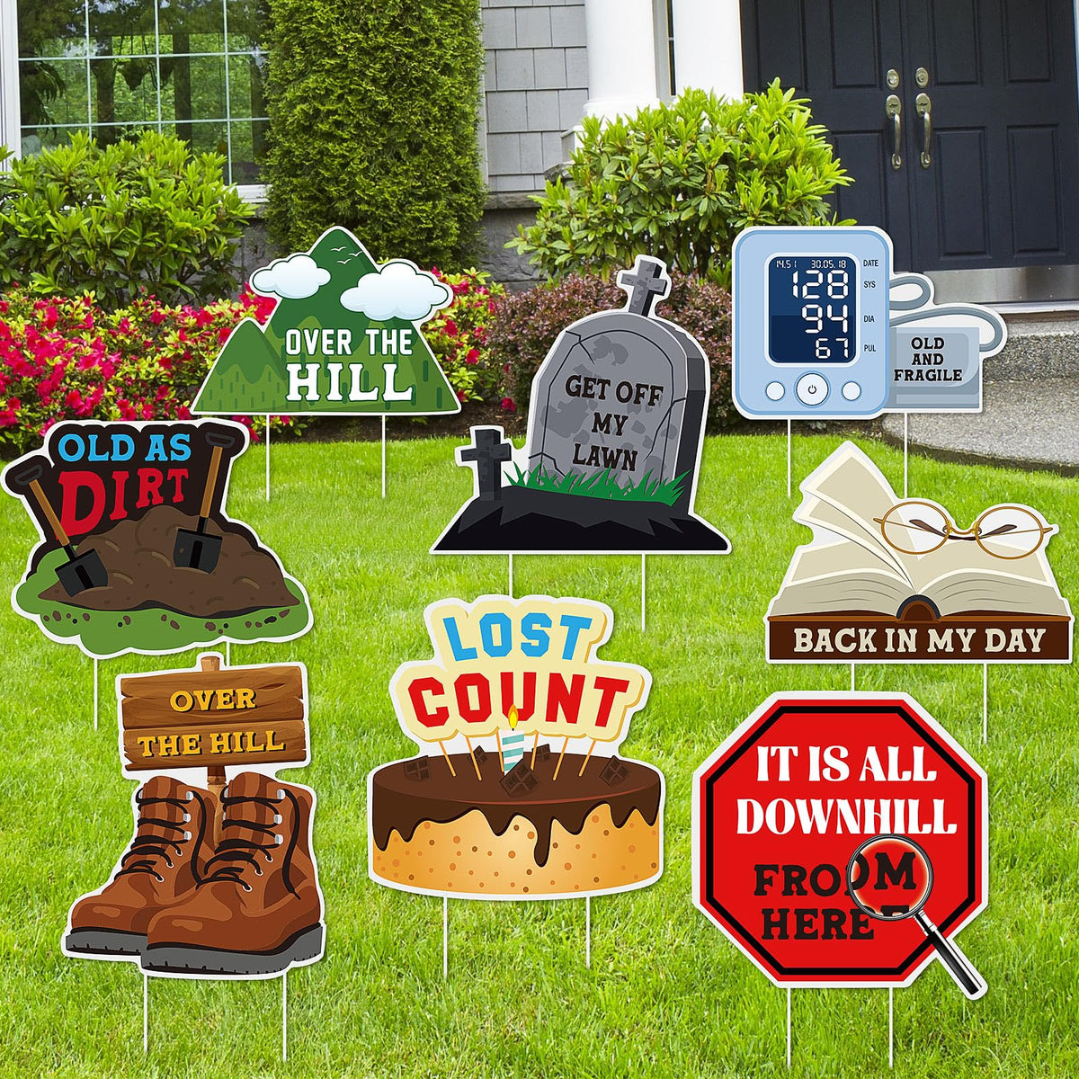 Memorywuu over-the-hill yard sign boot shape adds playful curb appeal for outdoor parties.