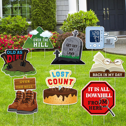 Memorywuu over-the-hill yard sign boot shape adds playful curb appeal for outdoor parties.