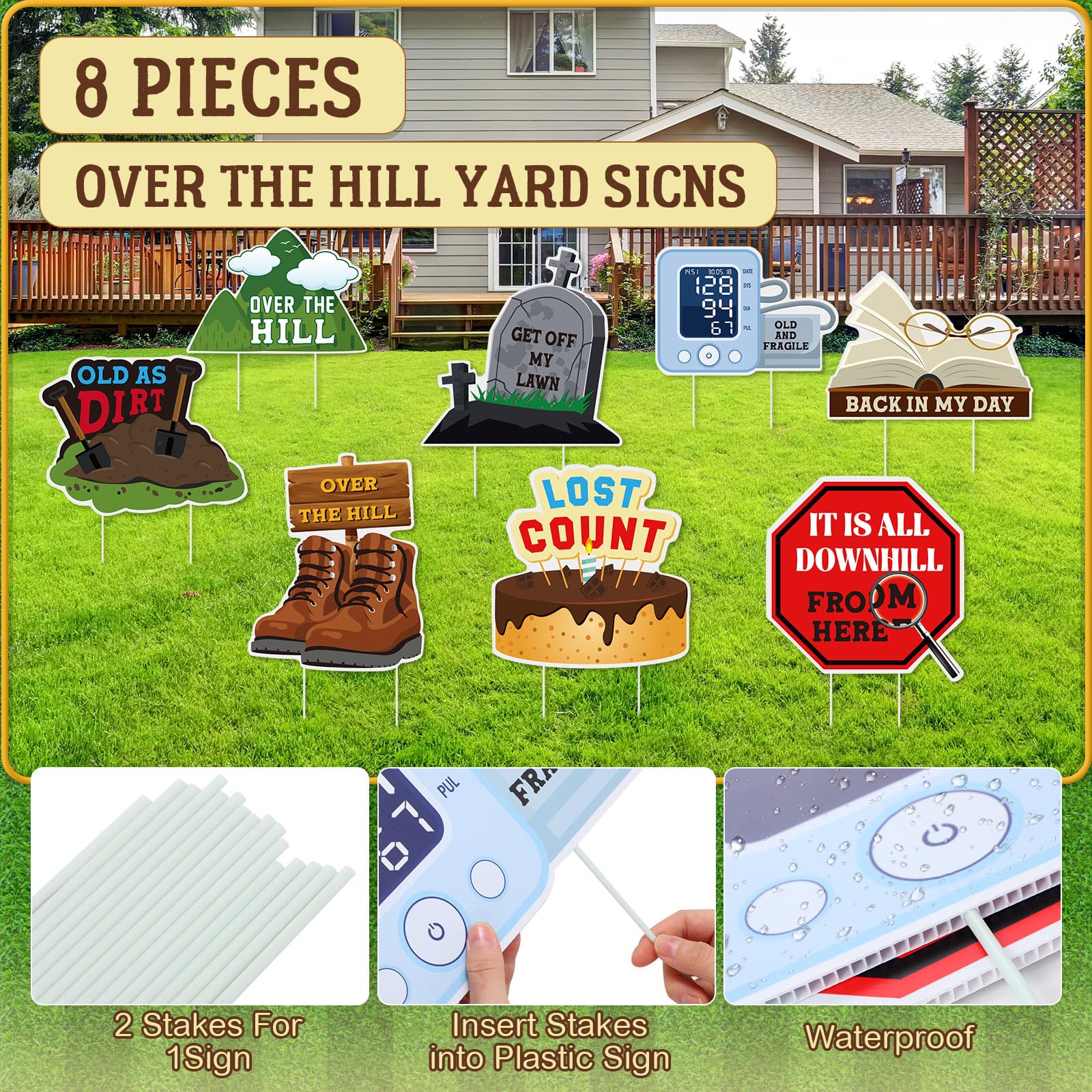 Memorywuu over-the-hill yard sign cake-shape brings lighthearted party humor outdoors.