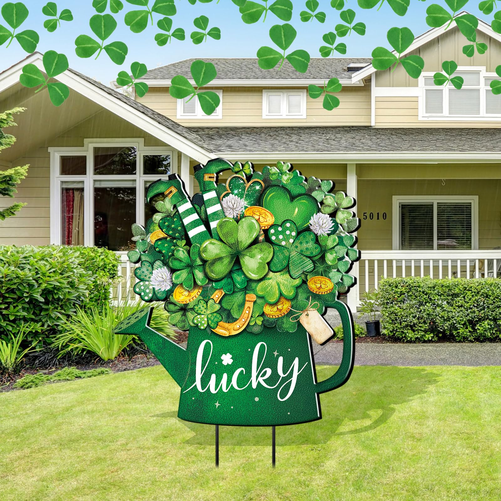Memorywuu St Patrick's Day yard sign with shamrock welcomes guests outdoors.