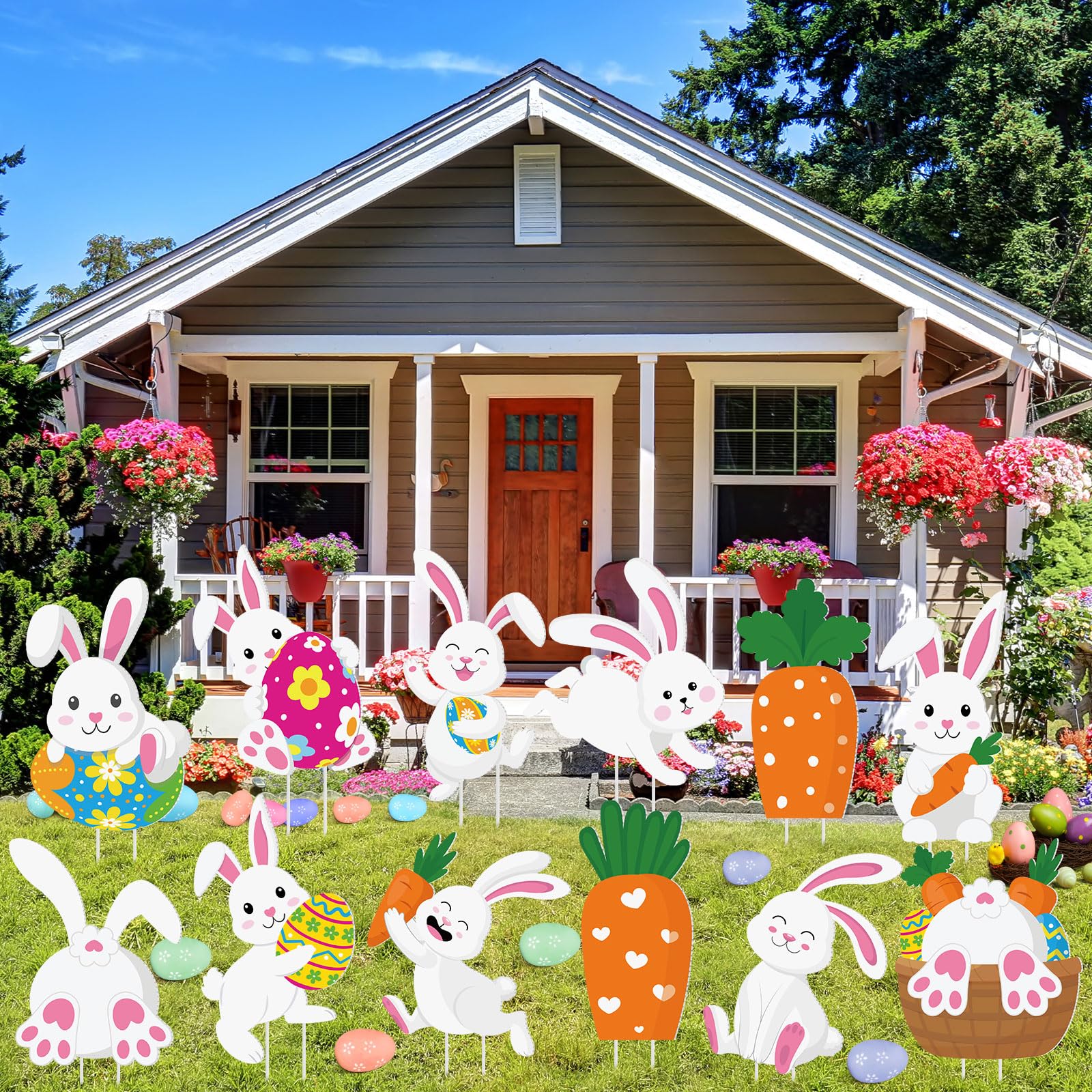 Menkxi Easter bunny sign brightens the yard for festive outdoor decor.