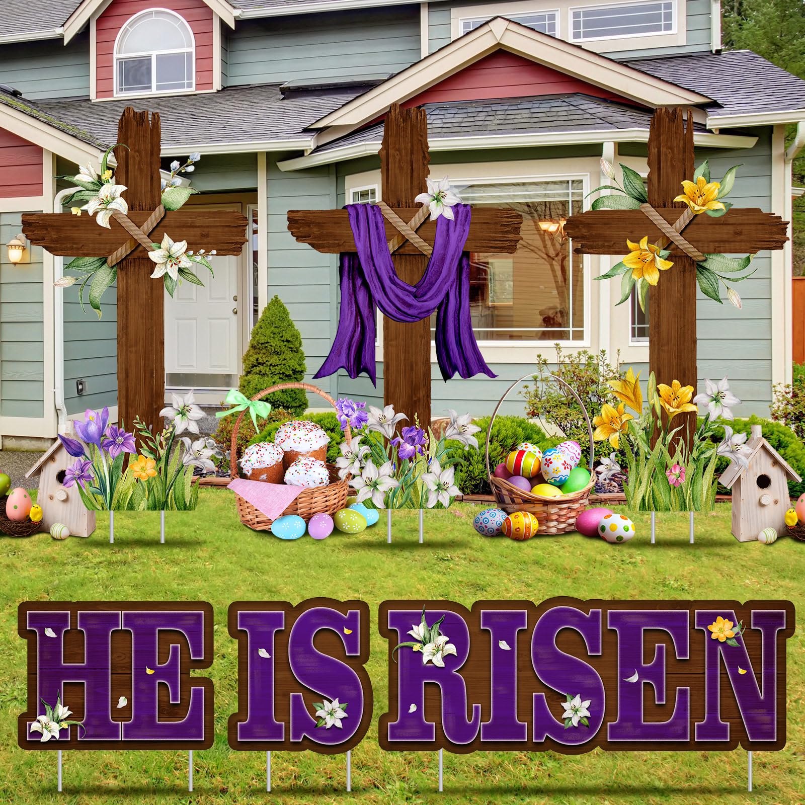 Menkxi Easter yard sign set with cross and He Is Risen for outdoor display.