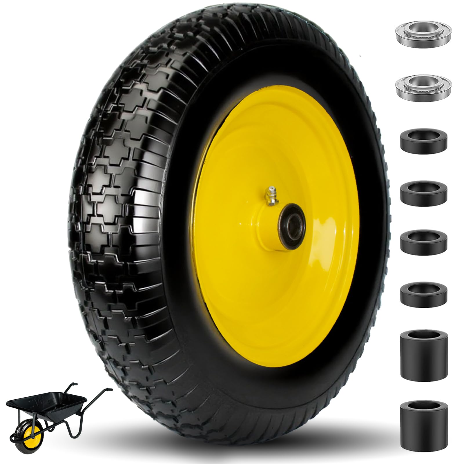 Menxigoc 14.5-inch flat-free tire close-up showing puncture-resistant PU foam core.
