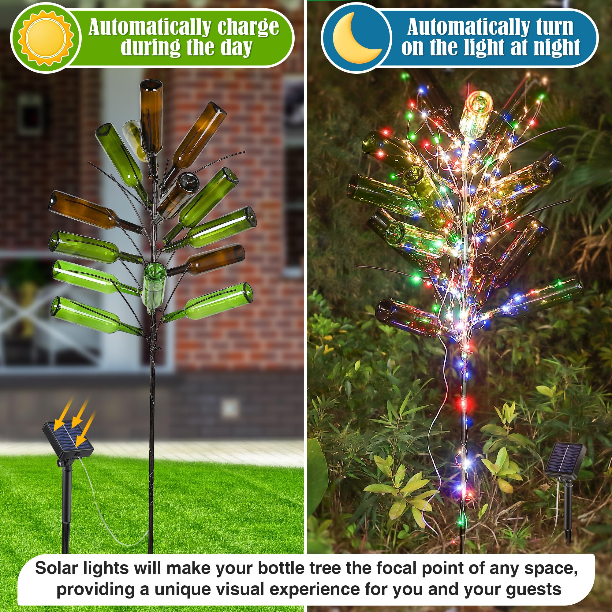 Meonum Bottle Tree assembly shows threaded trunk and ground plug for easy setup